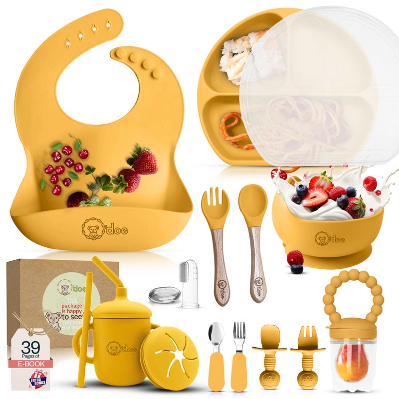 O'doe 17-Piece BPA-Free Silicone Baby Feeding Set | Thick & Soft Suction Plates, Baby Bowls, Wooden Fork & Spoon, and More | Make Mealtime Fun and Easy for Your Little One (Yellow, V2) - Image 1
